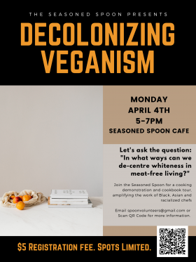 Black background with a photo of tangerines next to an open book."The Seasoned Spoon presents... Decolonizing Veganism. Recipe demonstration and cookbook tour."