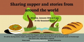 Cartoon trees growing out of a book with a bowl of soup and a loaf of bread. Text says: Come share your stories, recipes, and food as we get together to learn what it takes to create these dishes in Peterborough