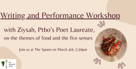 Image of an open wrap and vegetables with expressive icons around the circle. Writing and Performance workshop at the Spoon with Ptbo's Poet Laureate