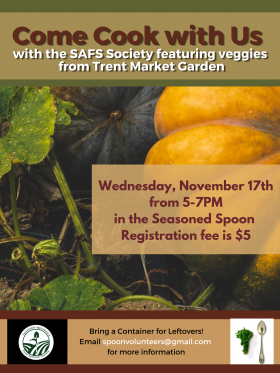 Close up photo of green and orange pumpkins with squash vines and leaves. Olive green box along the top of the poster, dark red box along the bottom. Bottom box contains, from left to right: SAFS logo, and Seasoned Spoon logo